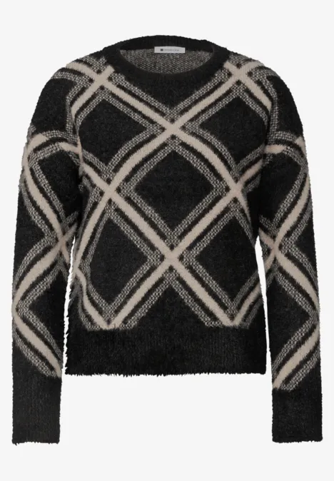 Pullover mit Rundhals und Karomuster Black Schwarzer, flauschiger Damenpullover mit beigen Rautenmuster