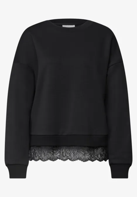 Sweat-shirt ample avec bordure en dentelle Black Schwarzer Pullover mit Spitzenbesatz am Saum