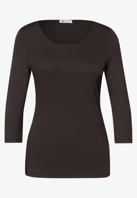 Schwarzes, figurbetontes Longsleeve mit U-Boot-Ausschnitt und 3/4-Ärmeln