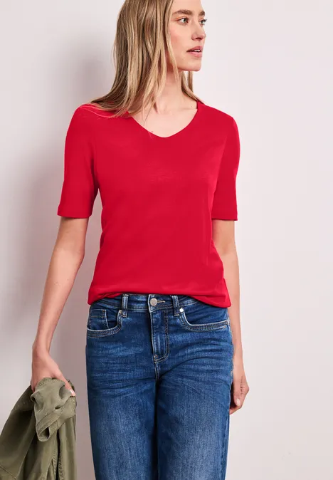 Basic Shirt met V-hals in effen kleur salsa red