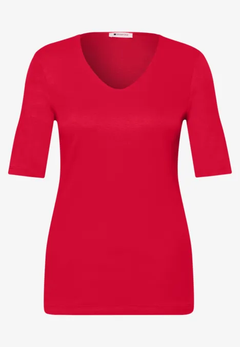 T-shirt basique avec col en V en couleur unie salsa red