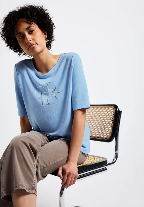 T-Shirt mit Folien-Wording serenity blue