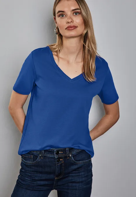Basic shirt met V-hals dodger blue