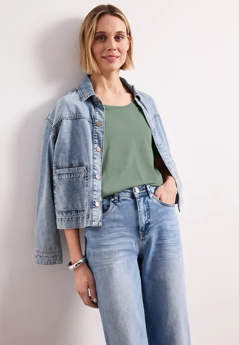 Basic Shirt met V-hals in effen kleur dark serene green