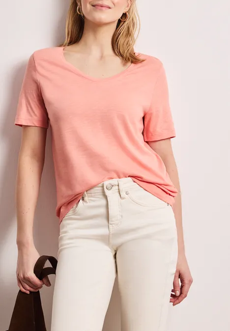 Basic Shirt met V-hals in effen kleur light apricot Basic Shirt met V-hals in effen kleur light apricot