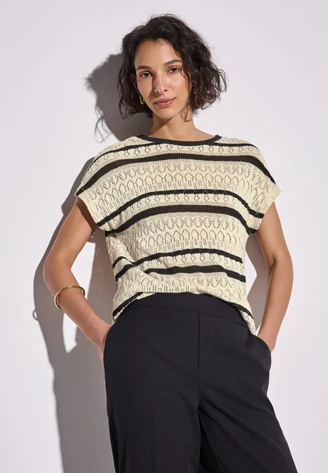 Ajour Shirt mit Streifen pearl beige