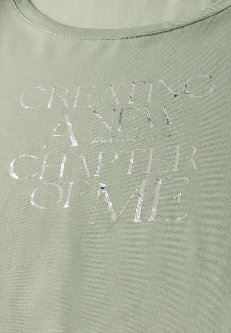 T-Shirt mit Wording Print soft moss green