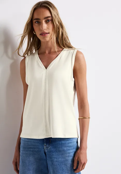 Jersey-Top mit Häkeldetails off white