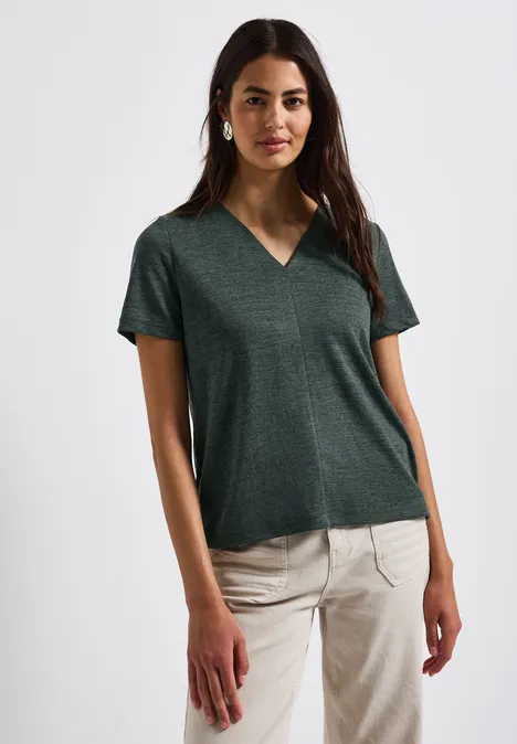 V-Neck Shirt in Leinen-Optik mid green