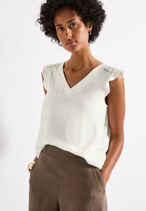 V-Neck Top mit Häkeldetails off white