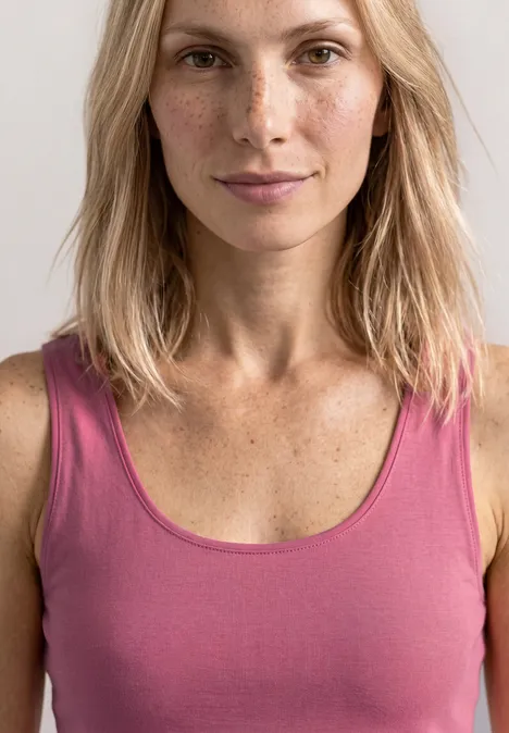 Vrouw met halflang blond haar draagt een mouwloos roze shirt voor een lichte achtergrond.