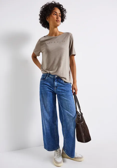 Silk-Look Shirt mit Wording morning beige