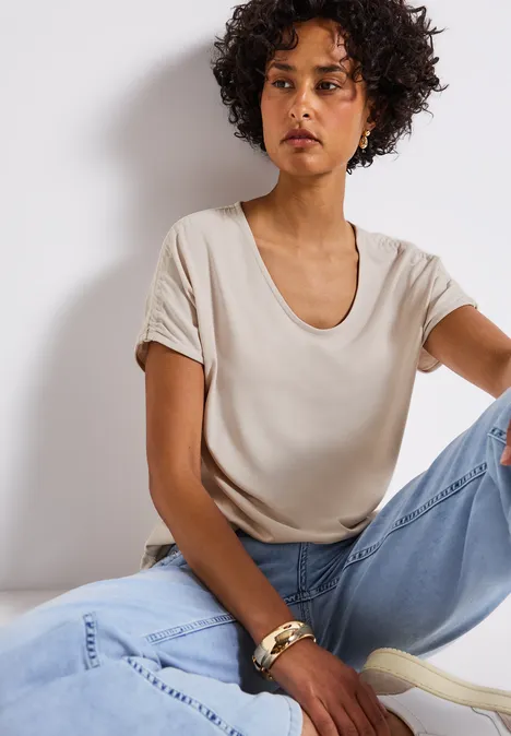 Silk-Look Shirt mit Raffung smooth sand beige