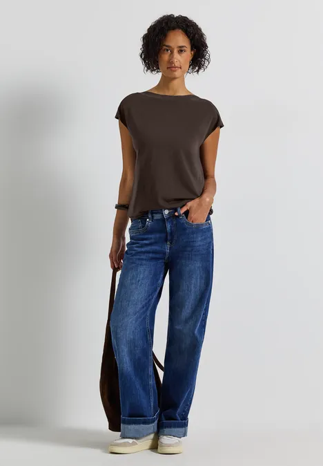 Shirt met U-boot en geribd detail deep roast brown