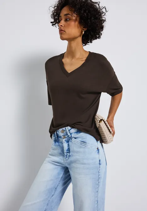 Strick-Look V-Neck T-Shirt deep roast brown