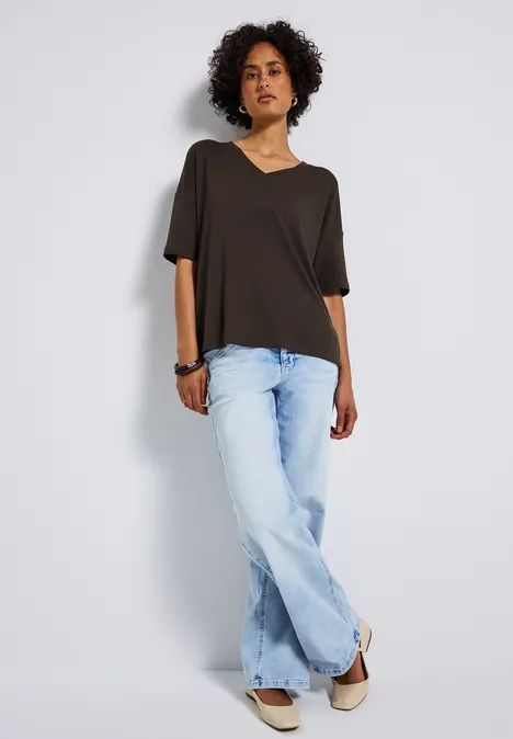 Strick-Look V-Neck T-Shirt deep roast brown