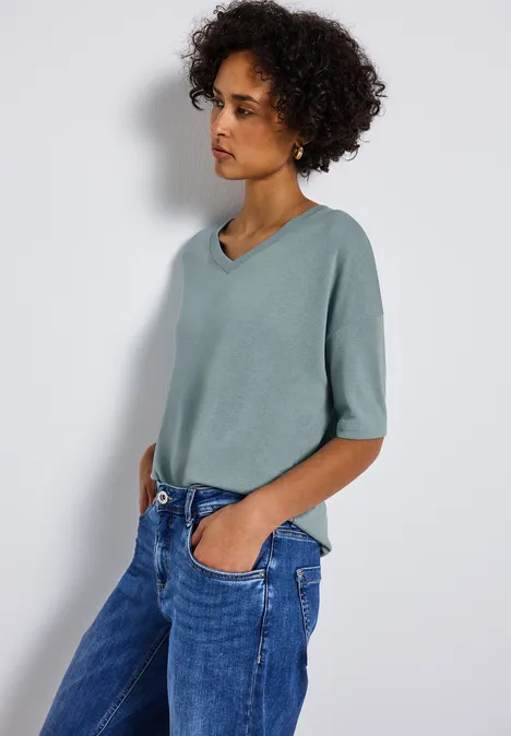 Strick-Look V-Neck T-Shirt arona blue