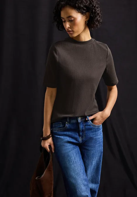 T-Shirt mit Rippstruktur deep roast brown