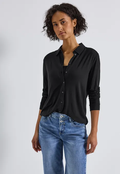 Jersey-Shirt im Blusen-Look Black