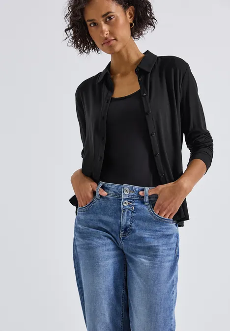 Jersey-Shirt im Blusen-Look Black