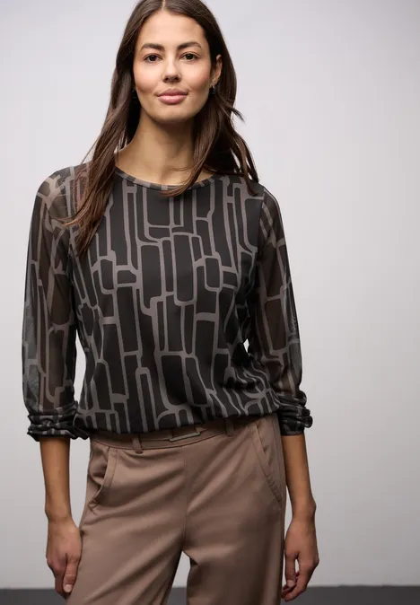 Shirt van mesh met patroon darkest brown