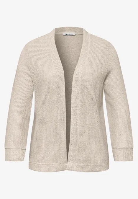 Beige, open gebreid vest met driekwartmouwen en een losse pasvorm.
