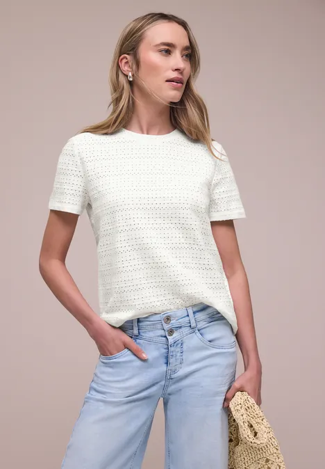 Kurzarm Shirt mit Rundhals aus Spitze off white