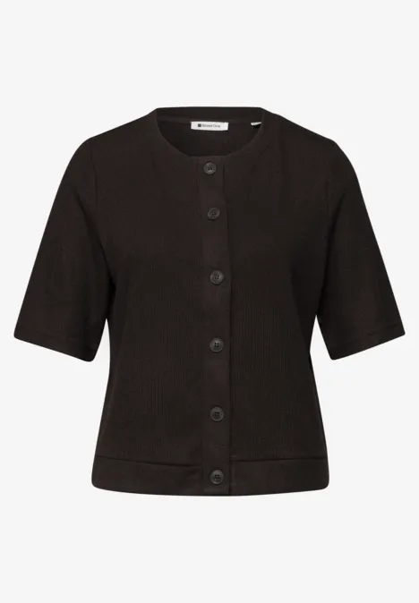 Kurzärmlige schwarze Damenjacke mit Knopfleiste, klassischer Rundhalsausschnitt.