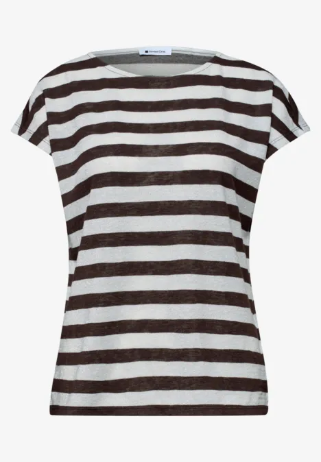 Kurzärmeliges Damen-T-Shirt mit braun-weißen Querstreifen und rundem Halsausschnitt.