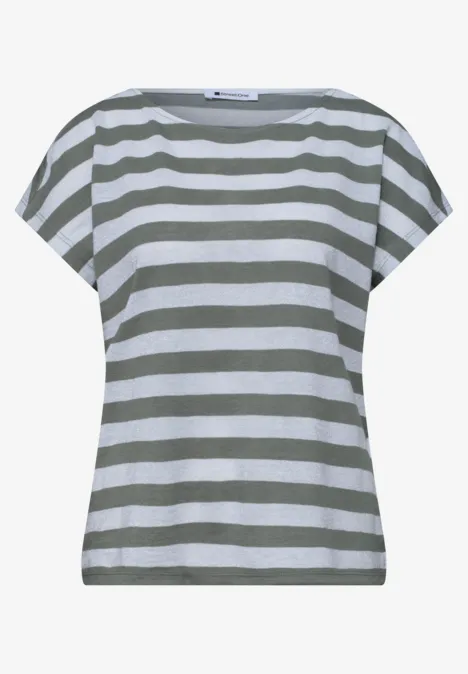 Shirt met hangende schouders, strepen en glitter bound green Losvallend T-shirt met korte vleermuismouwen en olijfgroen-witte strepen.