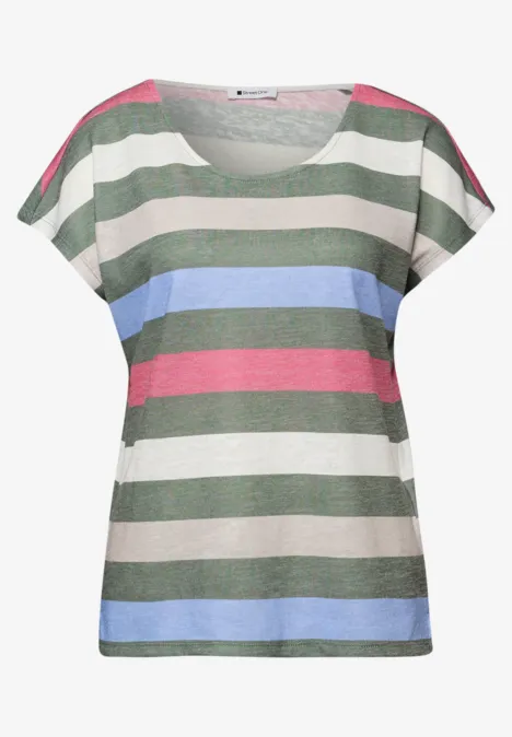 T-shirt à col en V arrondi et à rayures bound green