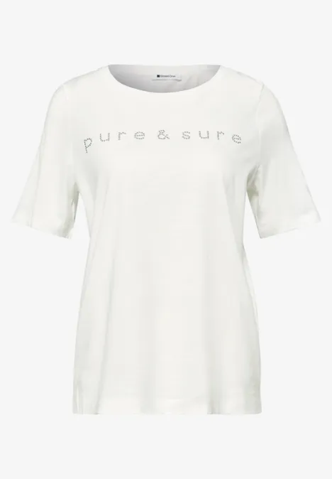 Witte T-shirt met ronde hals, korte mouwen en opdruk 'pure & sure'.