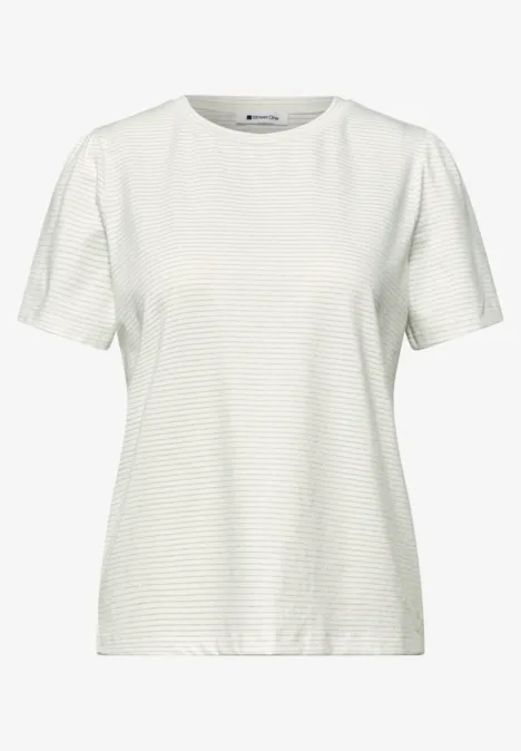 Witte T-shirt met korte mouwen, ronde hals en subtiele streepjes