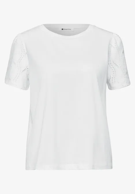 Effen wit T-shirt met korte mouwen en opengewerkt kantdetail