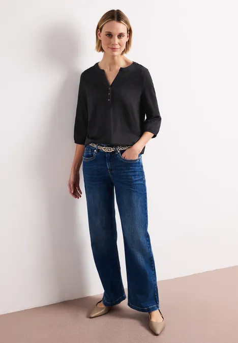 3/4-Arm Shirt mit Split Neck und Knöpfen Black