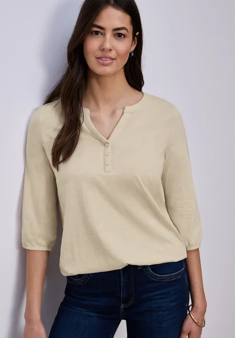 Shirt met 3/4-mouwen, split neck en knopen cotton beige