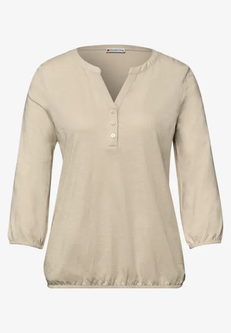 Shirt met 3/4-mouwen, split neck en knopen cotton beige