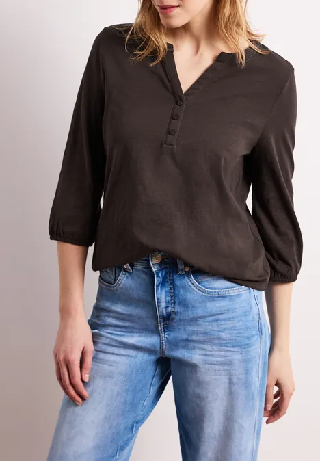 3/4-Arm Shirt mit Split Neck und Knöpfen espresso brown