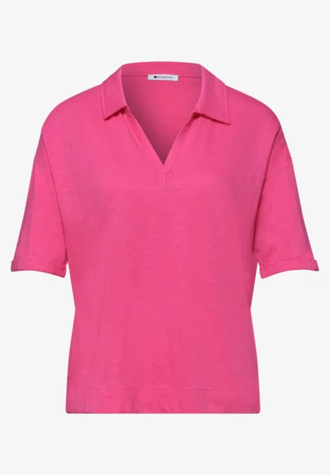 Helles pinkes Poloshirt mit V-Ausschnitt und kurzen Ärmeln