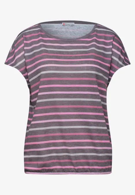 Kurzes Damen-T-Shirt mit grauen und rosa Querstreifen.