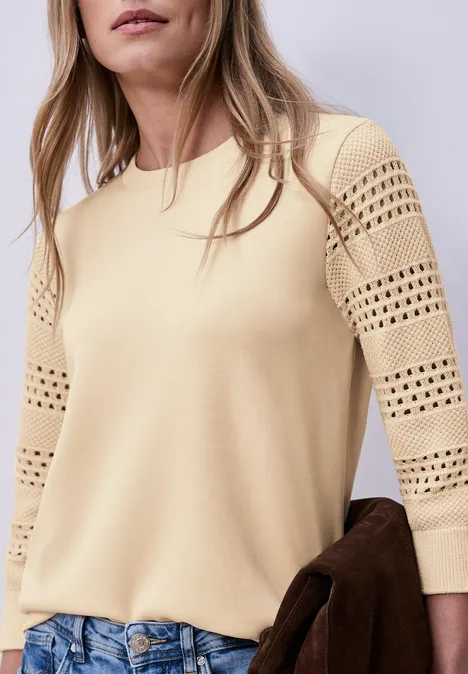 Shirt mit Lochmuster-Ärmeln smoke beige Shirt mit Lochmuster-Ärmeln smoke beige