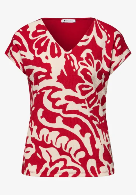 T-Shirt mit Split Neck und Frontprint salsa red