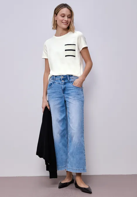 Kurzarm Shirt mit Streifen-Tasche off white