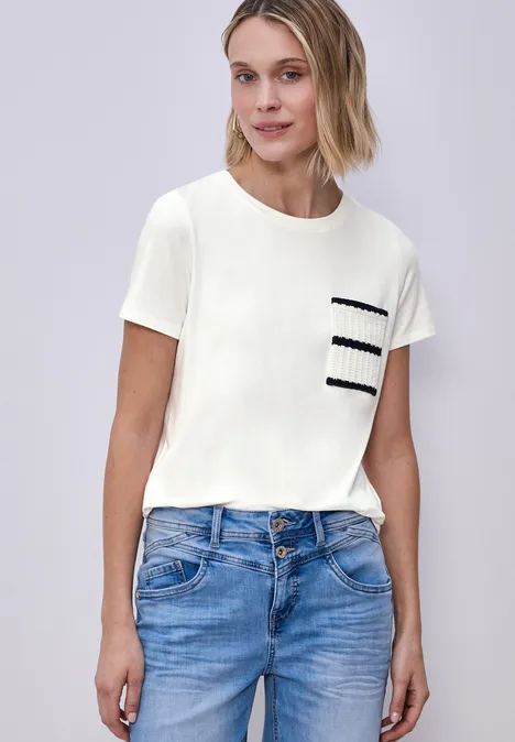 Kurzarm Shirt mit Streifen-Tasche off white