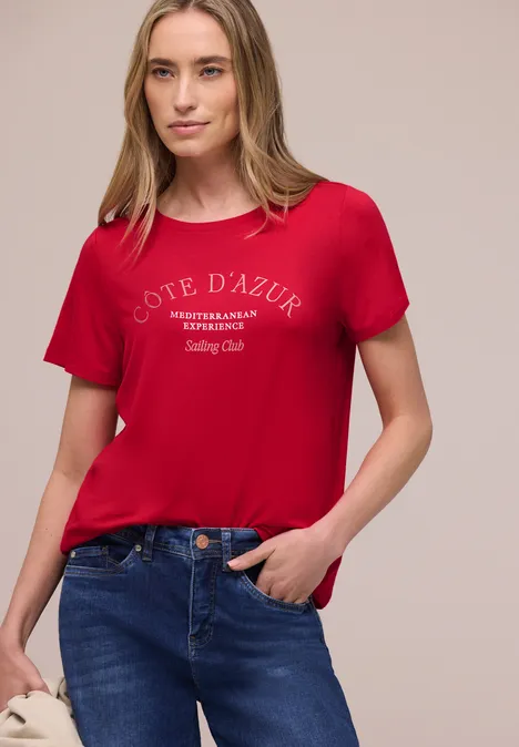 T-Shirt mit Rundhals und Wording salsa red
