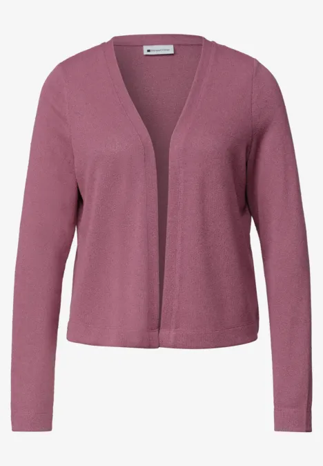 Cardigan court en maille rose-lilas, coupe ouverte, manches longues