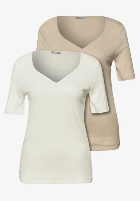 T-Shirts mit Herzausschnitt im 2er-Pack off white/cotton beige T-Shirts mit Herzausschnitt im 2er-Pack off white/cotton beige