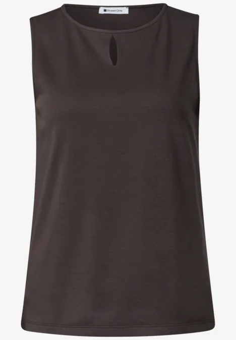 Ärmelloses schwarzes Top mit rundem Ausschnitt und kleinem Schlitz vorne.