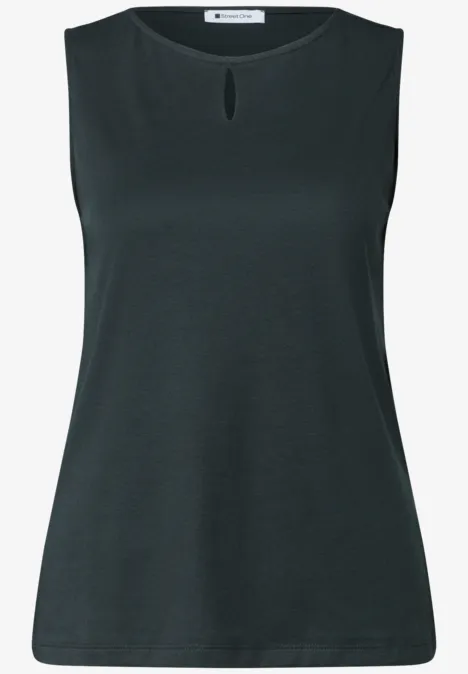 Ärmelloses schwarzes Top mit rundem Ausschnitt und kleinem Schlitz vorn.