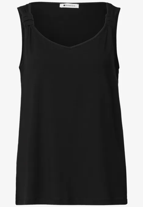 Schlichtes schwarzes ärmelloses Damen-Top mit Rundhalsausschnitt und breiten Trägern.